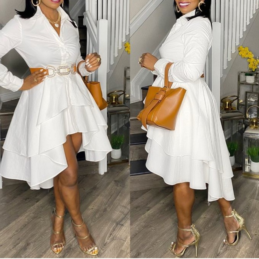 White Asymmetrical Ruffle Hi-Lo Shirt Dress with Collar & Long Sleeves